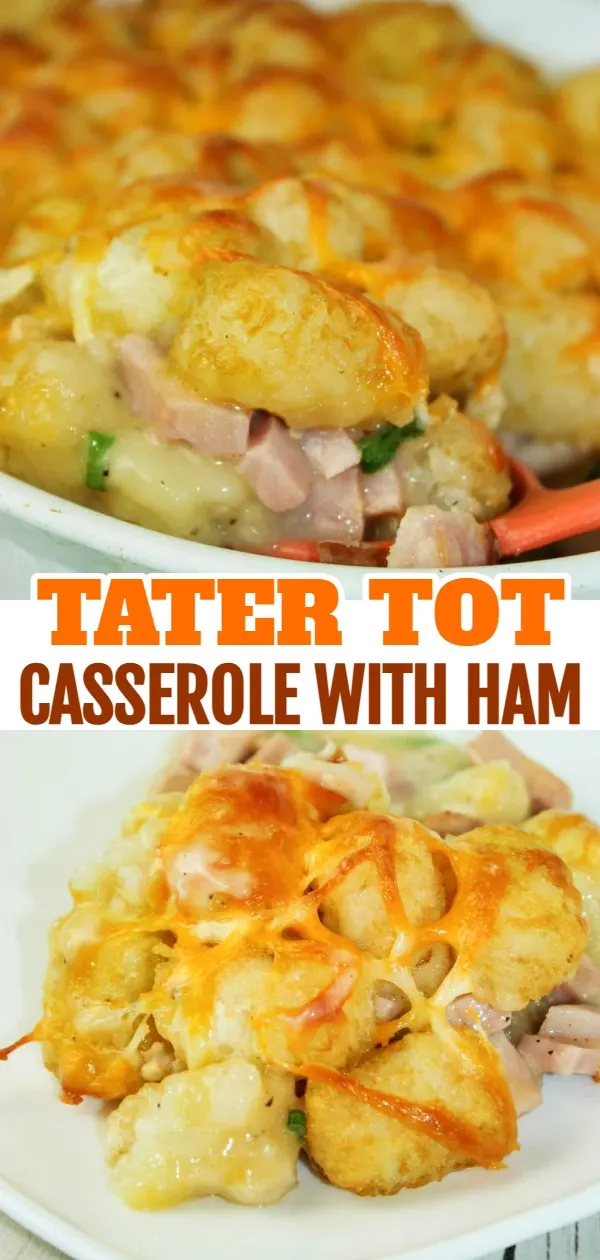 Tater Tot Casserole with Ham is an easy dinner recipe that is loaded with crunchy tater tots and cooked ham.  The gluten free condensed cream of chicken soup not only adds moisture but flavour as well.