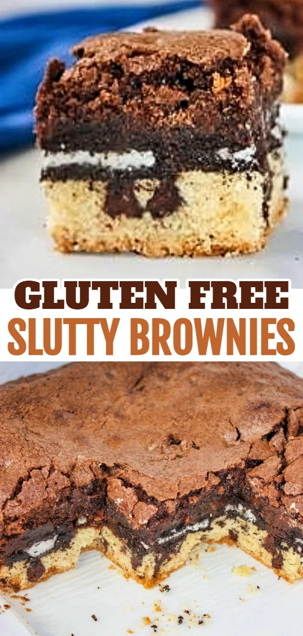 Gluten Free Slutty Brownies are delicious triple layer brownies with a chocolate chip cookie base, Oreo middle and chocolate brownie batter on top.