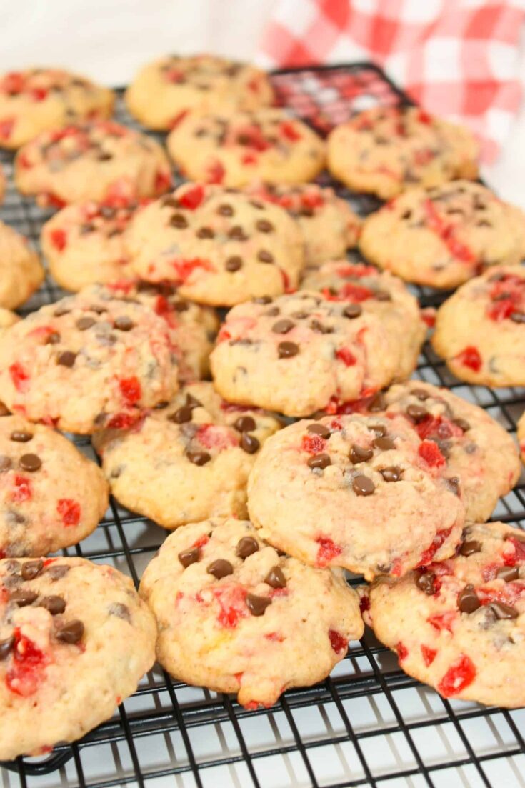 Maraschino Cherry Cookies are a colourful and delicious snack.  This soft, gluten free cookie is a great snack any day of the year but makes a great addition to Christmas baking trays.
