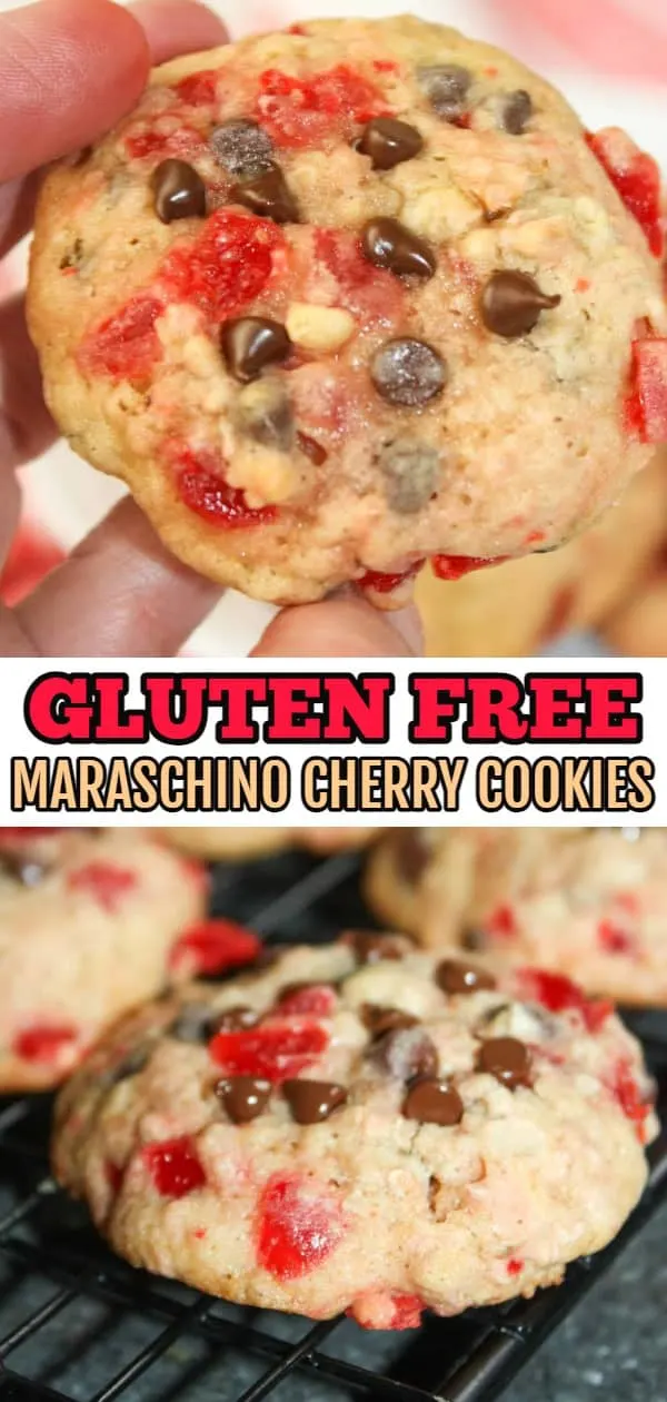 Maraschino Cherry Cookies are a colourful and delicious snack.  This soft, gluten free cookie is a great snack any day of the year but makes a great addition to Christmas baking trays. Cherry Chocolate Chip Cookies | Gluten Free Chocolate Chip Cookies | Almond Flour Chocolate Chip Cookies