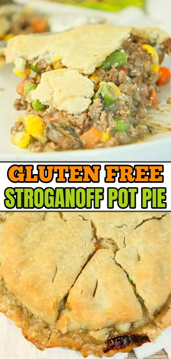 Stroganoff Pot Pie is a delicious dinner recipe filled with ground beef, vegetables and seasonings.  Gluten Free condensed mushroom soup creates a flavourful sauce to complement the other ingredients.