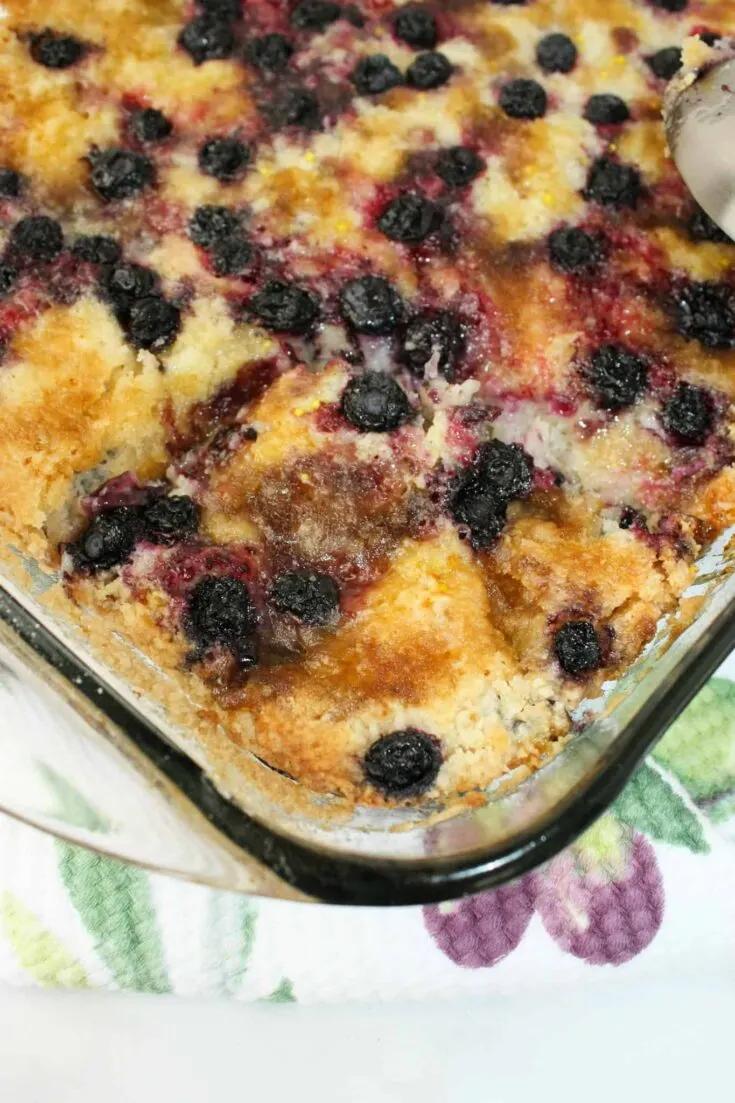 Blueberry Lemon Dump Cake is a simple, delicious dessert that's easy to make. This gluten free treat is a warm, bubbly dessert with a tangy, fruity base and a sweet, buttery crust.