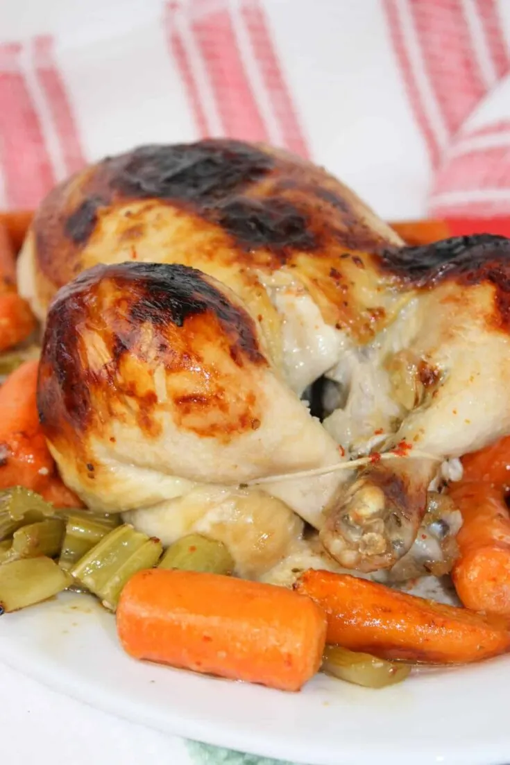 Easy Roast Chicken is bathed in Italian dressing and roasted to perfection. The skin is slightly charred and glistening, covered with a blend of herbs, garlic, and spices from the dressing that has caramelized during roasting.