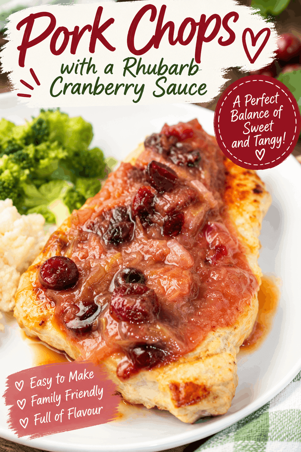 These pork chops with rhubarb cranberry sauce are a delicious twist on a classic dinner! Tender, juicy pork chops are topped with a sweet and tangy homemade sauce made with tart rhubarb and cranberries for a delicious balance of flavours. This easy pork chop recipe is perfect for a cozy weeknight dinner, Sunday supper, or special family meal. Serve with mashed potatoes and your favourite gluten-free vegetables for a comforting dinner everyone will enjoy.
