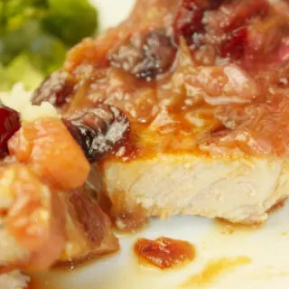 ork Chops with Rhubarb Cranberry sauce is sweet, tangy, and just a little bit unexpected.  This dish brings a seasonal twist to the dinner table.