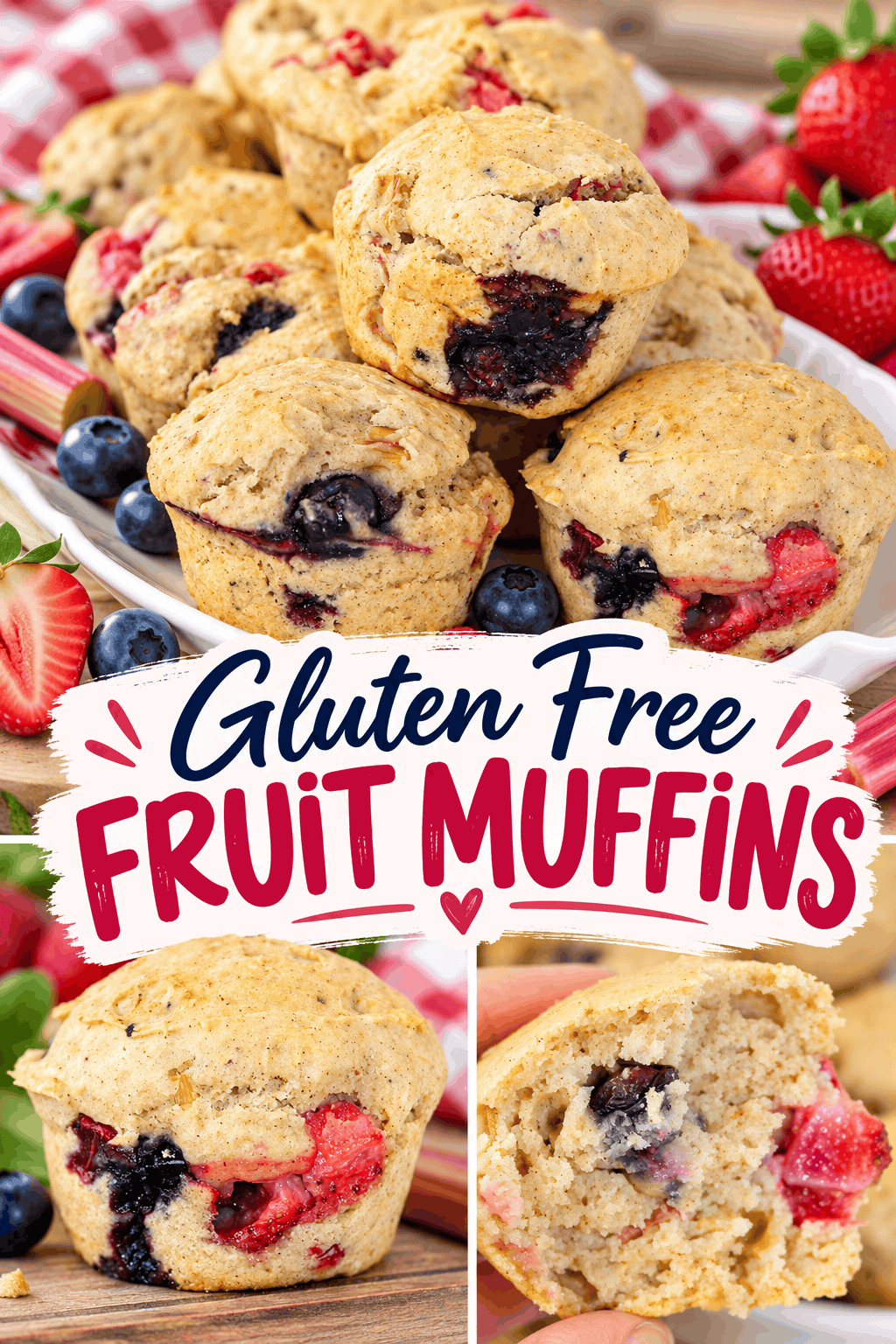 🫐🍓 Looking for a delicious gluten free muffin recipe? These Gluten Free Fruit Muffins are packed with juicy blueberries, sweet strawberries, and tangy rhubarb in every bite! With a tender texture and bursts of fruity flavour, these homemade muffins are perfect for breakfast, brunch, lunchboxes, or an afternoon snack. They’re a wonderful way to enjoy fresh fruit in a tasty gluten free treat. Save this easy gluten free muffin recipe to your Pinterest boards and bake a batch for your family!