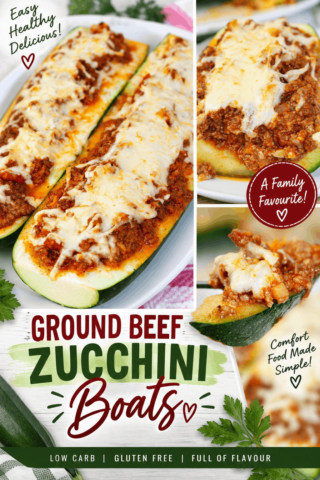 These Ground Beef Zucchini Boats are an easy, flavorful dinner made with tender zucchini, savory seasoned ground beef, and plenty of melted cheese. 🥒🧀 This gluten-free, low-carb recipe is perfect for a quick weeknight meal and a delicious way to enjoy fresh zucchini. Save this easy zucchini recipe for a comforting family dinner everyone will love!