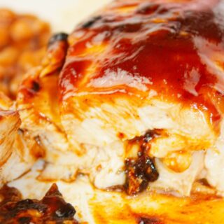 For Cheesy BBQ Chicken Breasts, chicken breasts are split open and filled with creamy Monterey Jack cheese that melts into every bite.