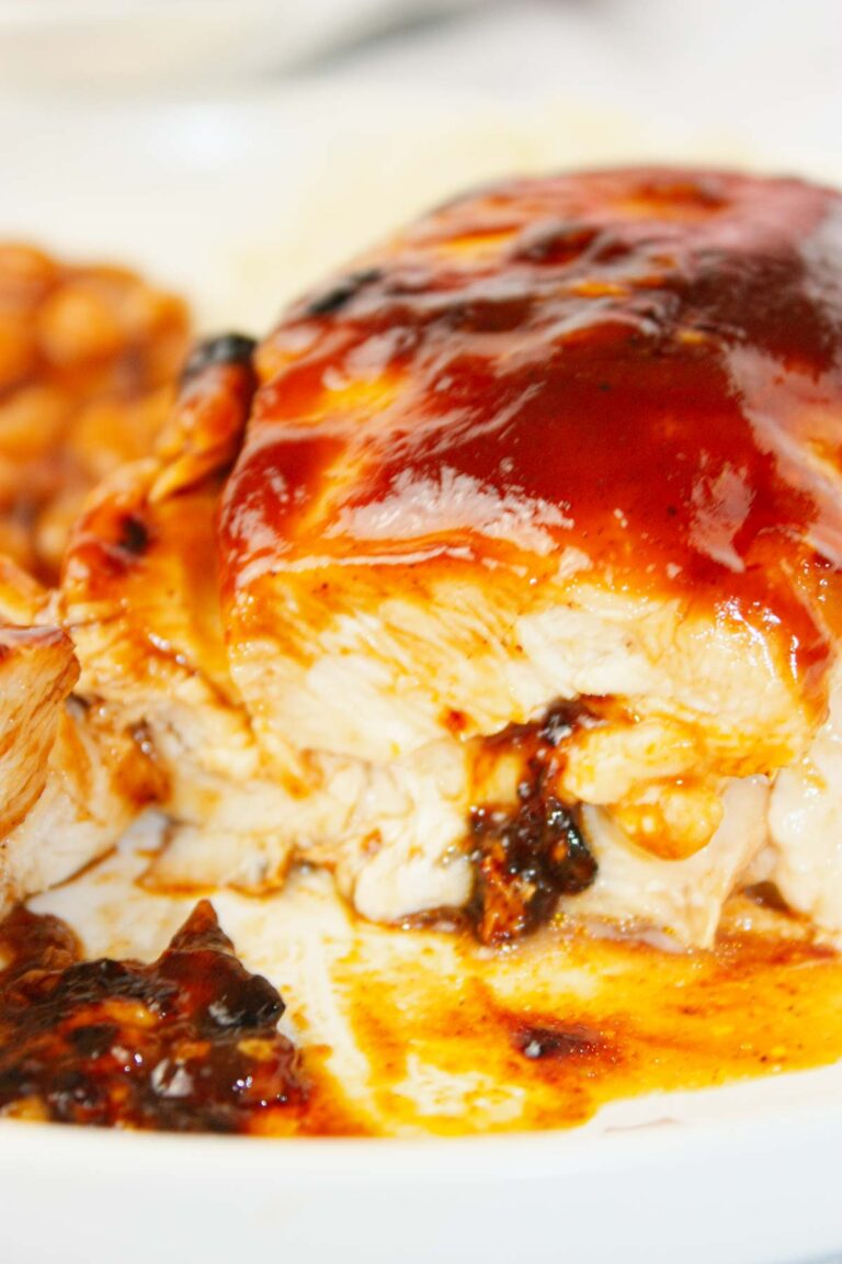 For Cheesy BBQ Chicken Breasts, chicken breasts are split open and filled with creamy Monterey Jack cheese that melts into every bite.