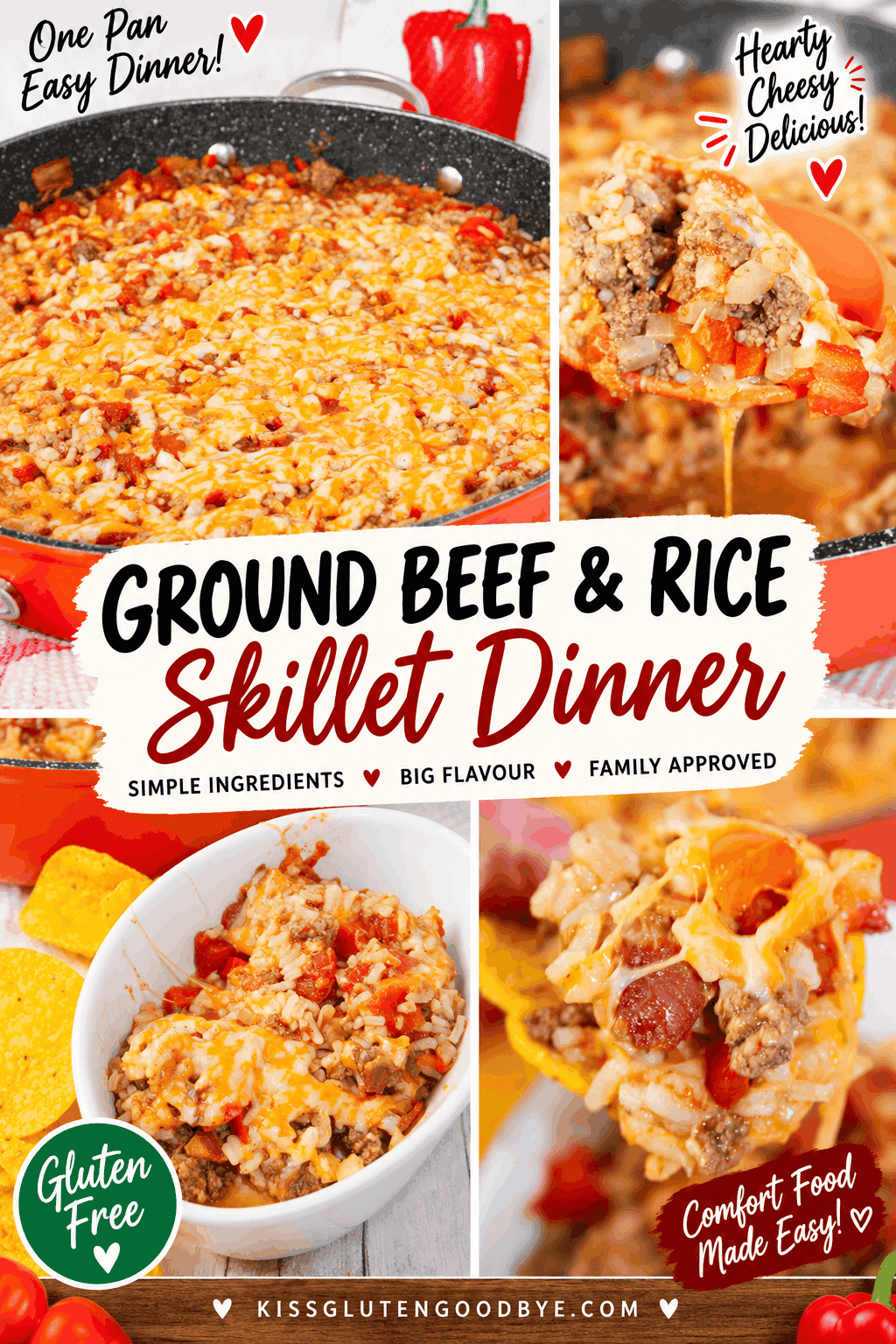 Delicious ground beef and rice skillet dish with cheese and vegetables.