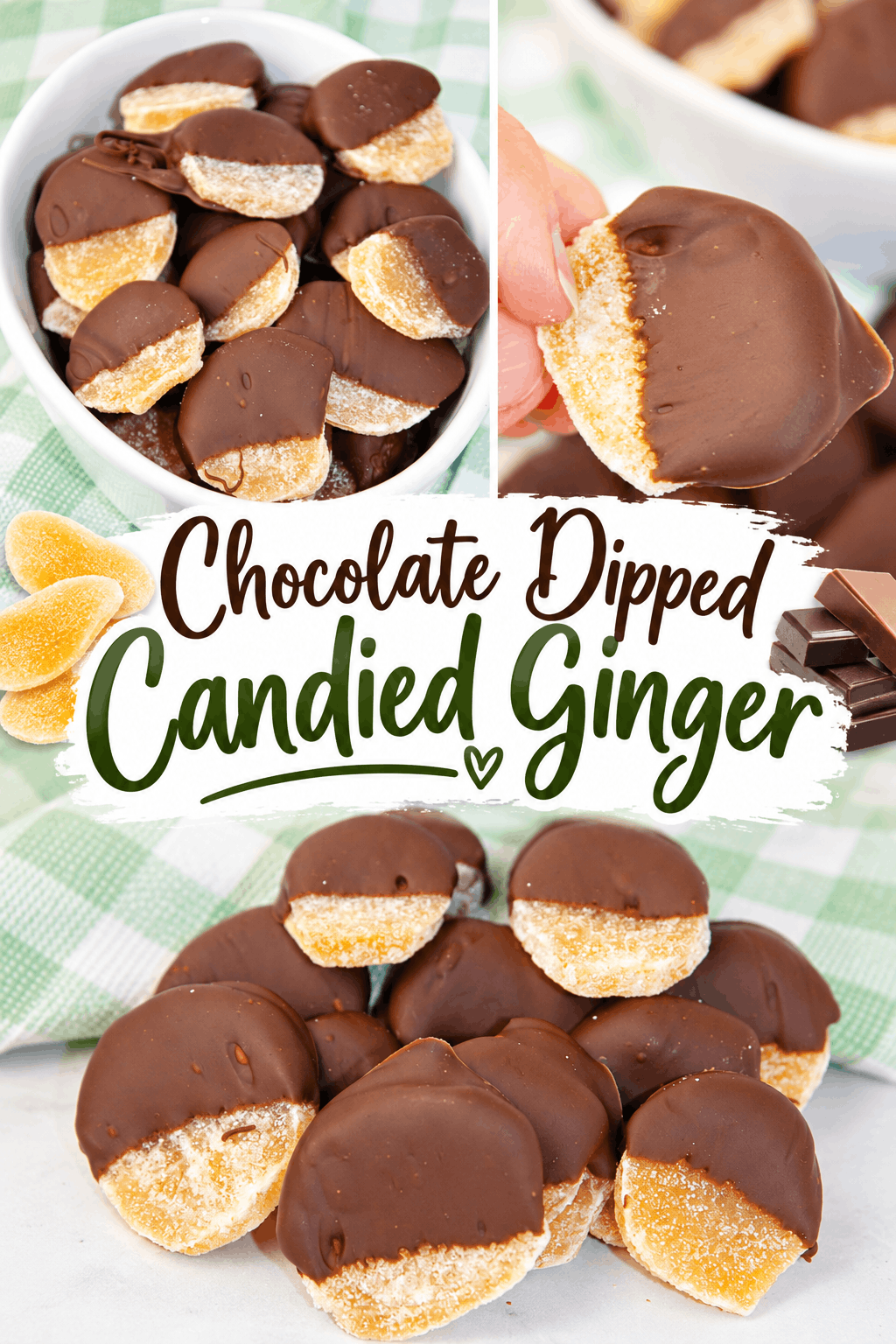 These Chocolate Dipped Candied Ginger pieces are a delicious combination of sweet, chewy candied ginger and smooth chocolate! 🍫✨ Dip them in milk chocolate, semi-sweet chocolate, or your favorite chocolate for the perfect balance of sweetness and warm ginger flavor. This easy homemade treat is wonderful for holiday treats, edible gifts, dessert trays, snacking, and Christmas candy recipes. Save this simple chocolate-dipped ginger recipe to make whenever you’re craving something sweet with a little spicy zing! 💚