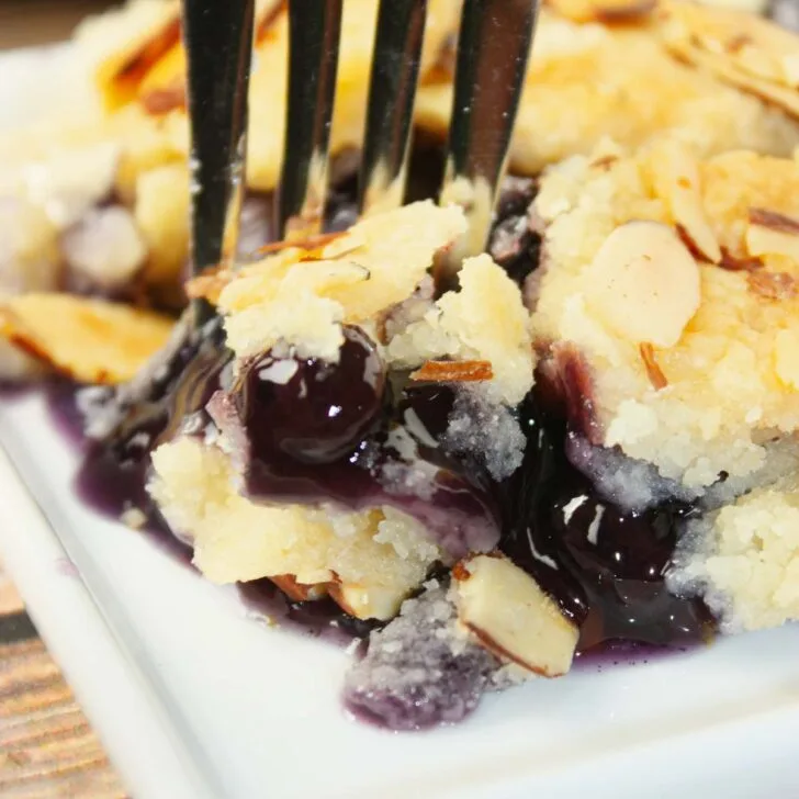 Blueberry Peach Dump Cake is bursting with juicy fruit flavour in every bite. Sweet peaches and plump blueberries mingle together under a golden, buttery cake topping.