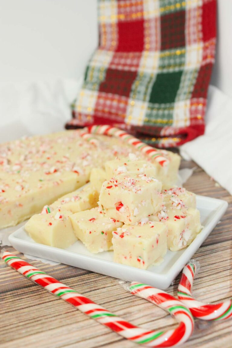 This microwave candy cane fudge is luxuriously creamy and made with smooth, melt-in-your-mouth white chocolate.