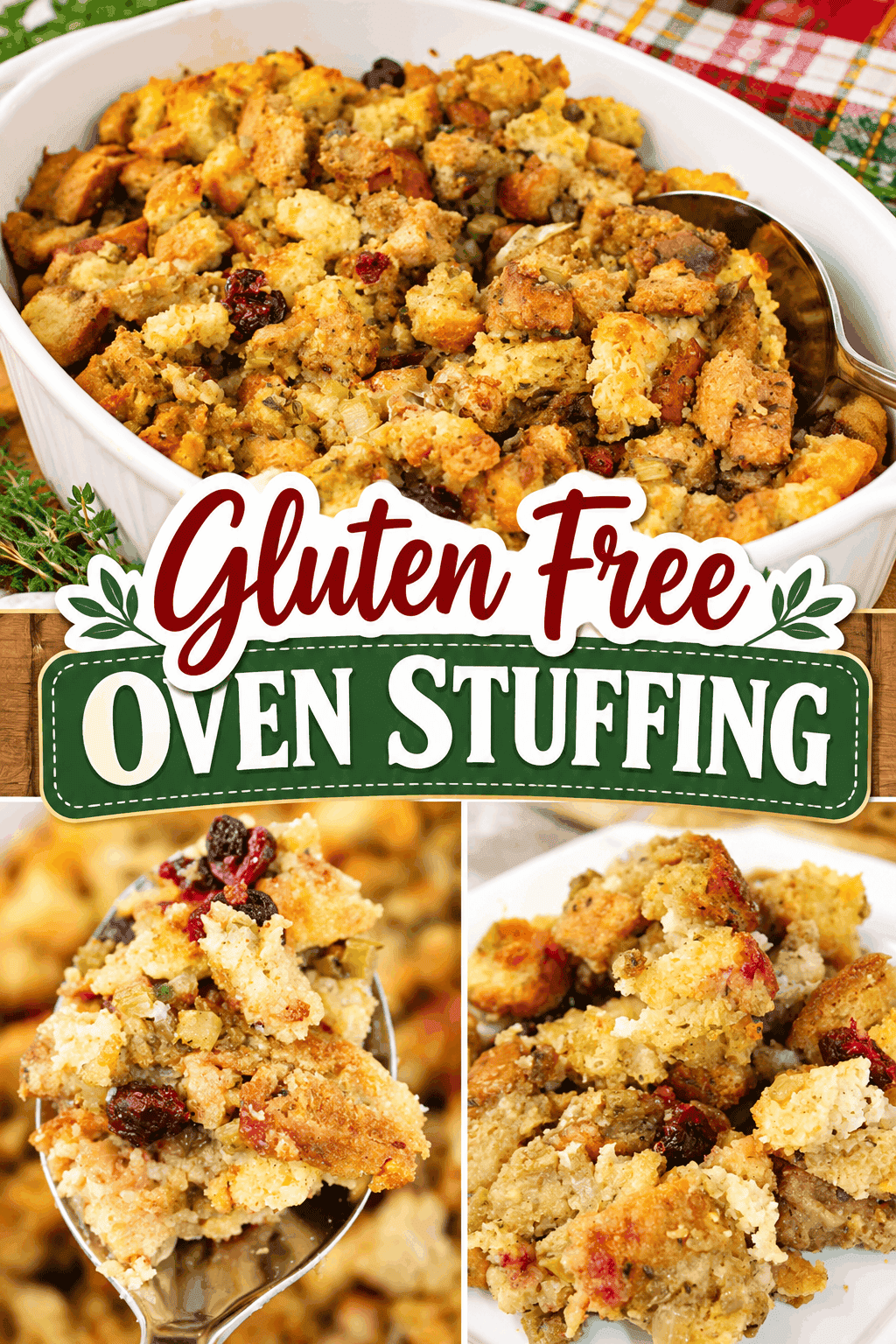 Delicious gluten free oven stuffing with cranberries and herbs in a white dish.