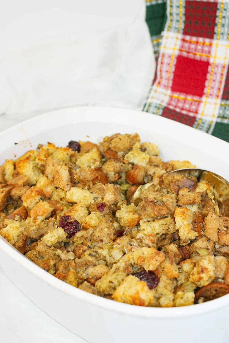 Gluten free oven stuffing bakes up golden and comforting, with a crisp top and a tender, savoury center.