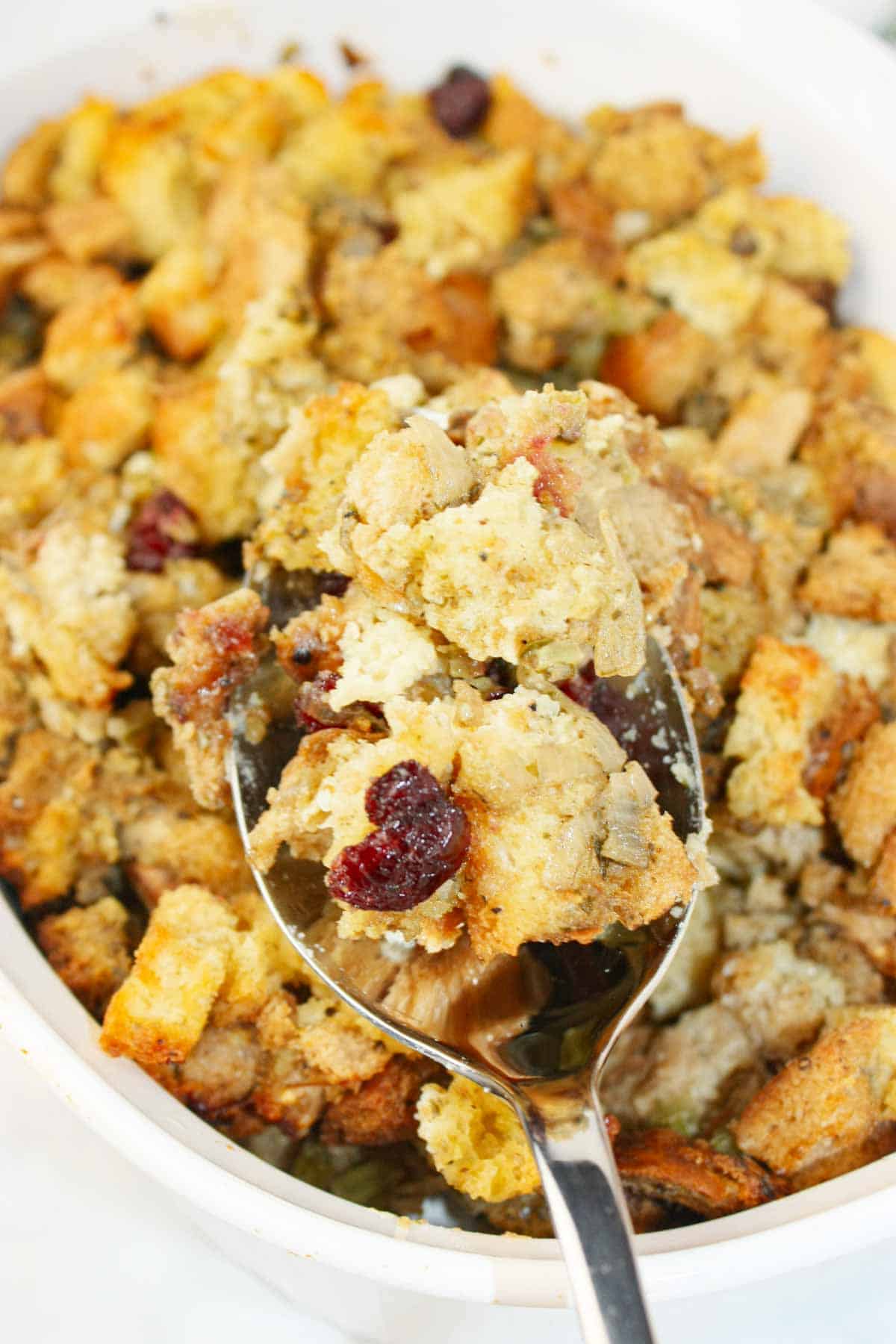 Gluten free oven stuffing bakes up golden and comforting, with a crisp top and a tender, savoury center.