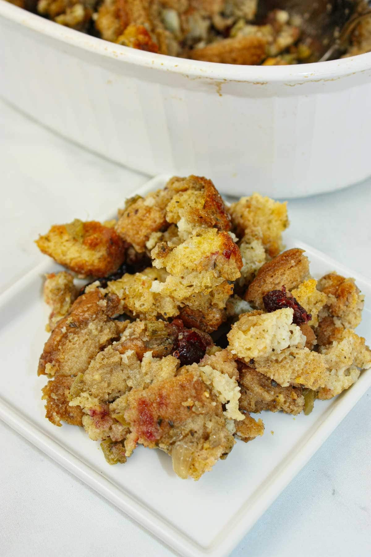 Gluten free oven stuffing bakes up golden and comforting, with a crisp top and a tender, savoury center.