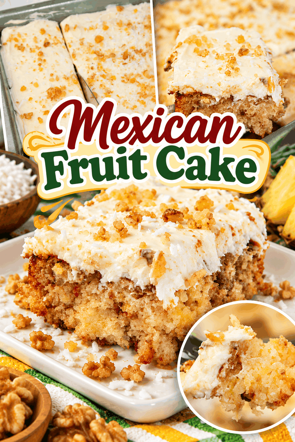This Mexican Fruit Cake is a deliciously moist and tender dessert made with crushed pineapple, then topped with luscious cream cheese icing, shredded coconut, and chopped walnuts. 🍍🥥🌰 Every bite combines sweet pineapple flavor with creamy frosting and a satisfying nutty crunch. This easy homemade cake is perfect for holidays, potlucks, family gatherings, or serving alongside a cup of coffee. Save this easy Mexican fruit cake recipe for your next dessert craving!