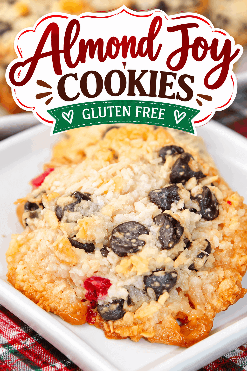 These Almond Joy Cookies are an easy, delicious gluten-free cookie recipe packed with coconut, semi-sweet chocolate chips, and crunchy almonds. With just a few simple ingredients, these chewy cookies are perfect for holiday baking, parties, cookie trays, or anytime you’re craving a chocolate coconut treat. Save this easy gluten-free dessert recipe to try when you want all the flavors of a classic Almond Joy in a delicious homemade cookie! 🍫🥥🌰