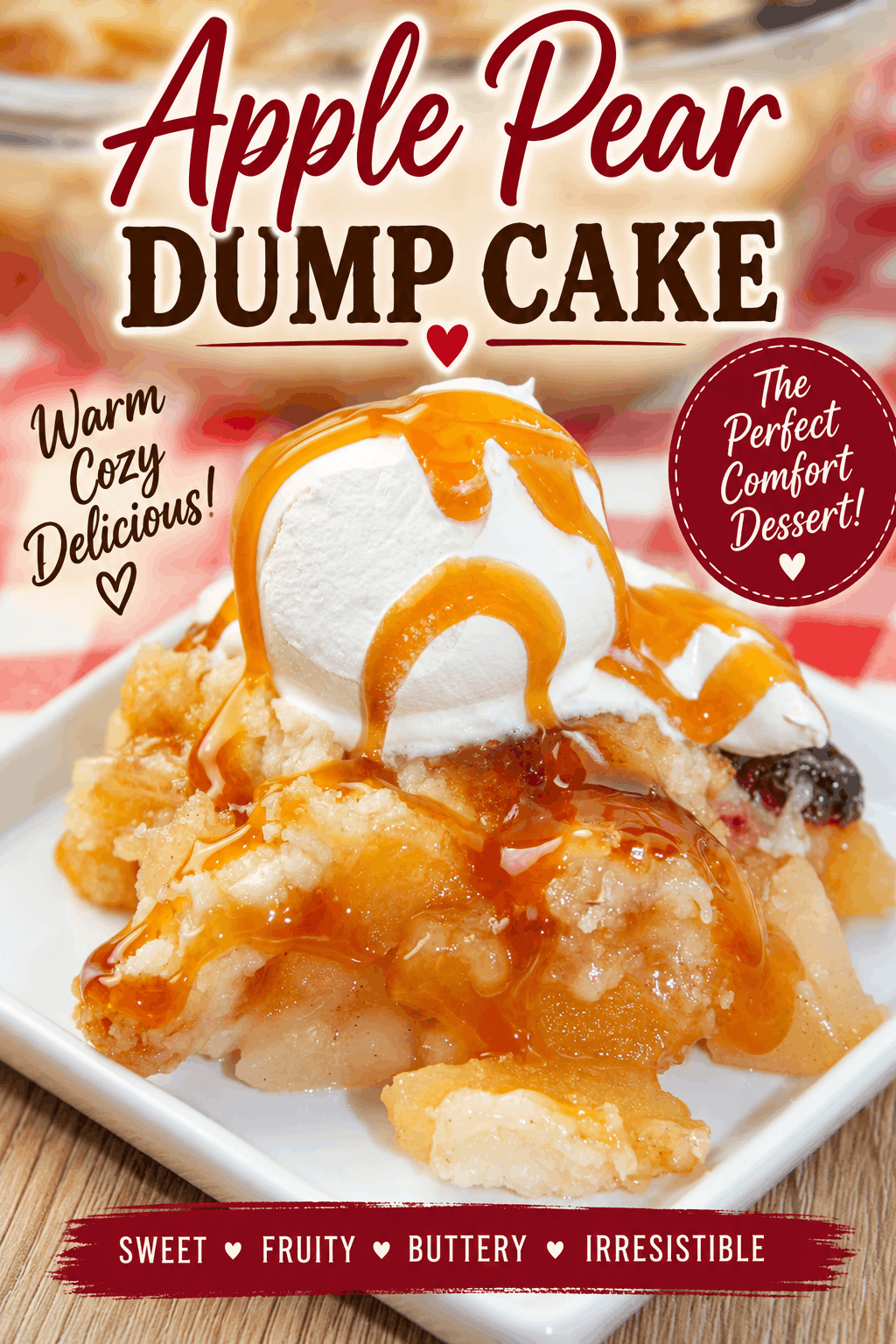 This Apple Pear Dump Cake is the ultimate easy gluten-free dessert! 🍎🍐 Juicy apples and tender pears are combined with tart dried cranberries, a buttery golden cake topping, and luscious caramel for a cozy dessert everyone will love. Serve it warm with vanilla ice cream for the perfect fall treat!