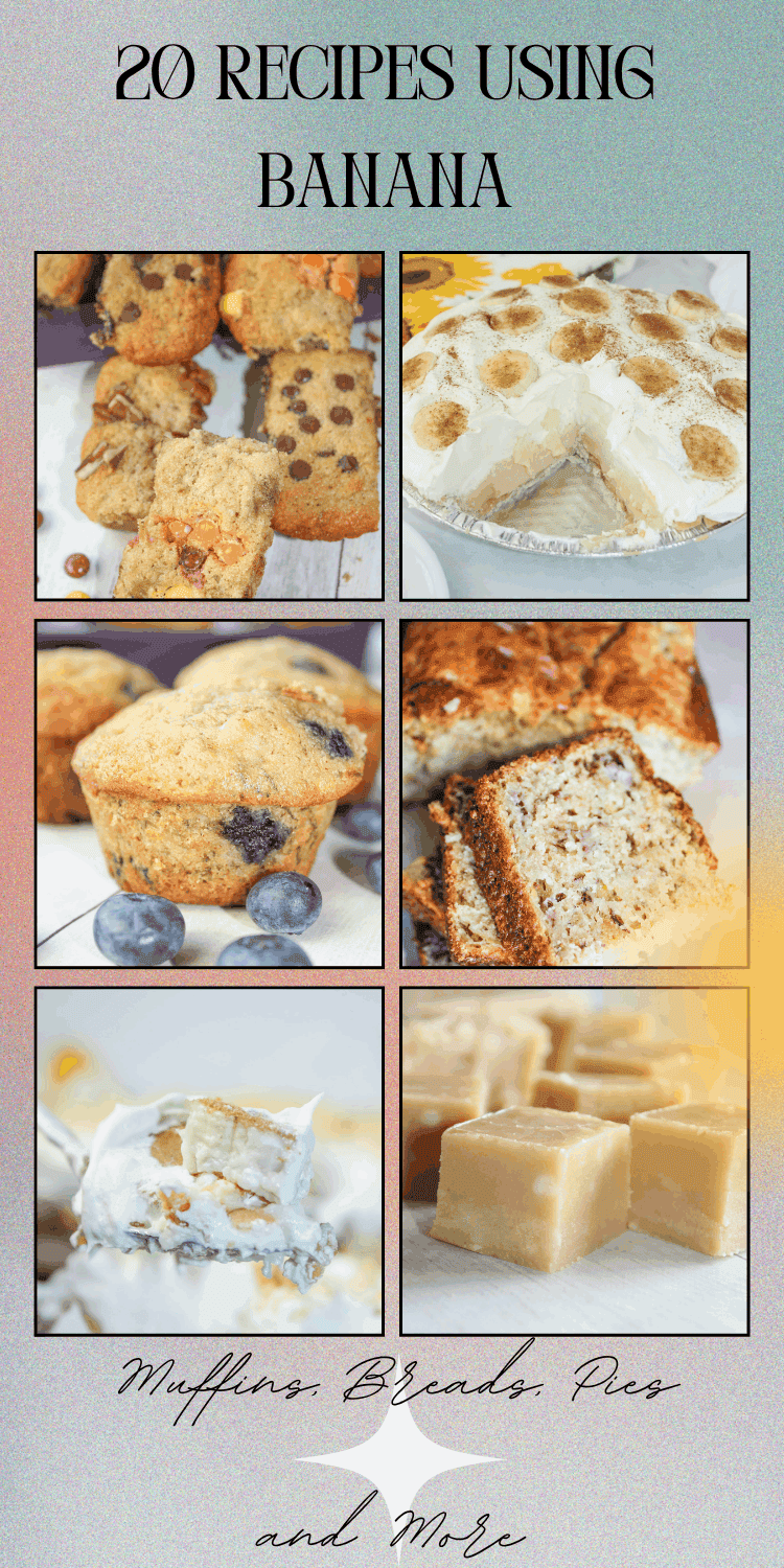 20 Recipes Using Banana, easy banana recipes, moist banana recipes are perfect for breakfast, snacks, meal prep, and freezer friendly baking. Great for busy mornings, school lunches, and easy homemade treats everyone will love, banana pudding, pie, cake, candy, muffins and breads, gluten free banana recipes
