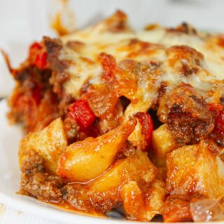 This hearty Mexican Ground Beef and Potato Casserole is layered with tender potatoes and savoury, seasoned ground beef.