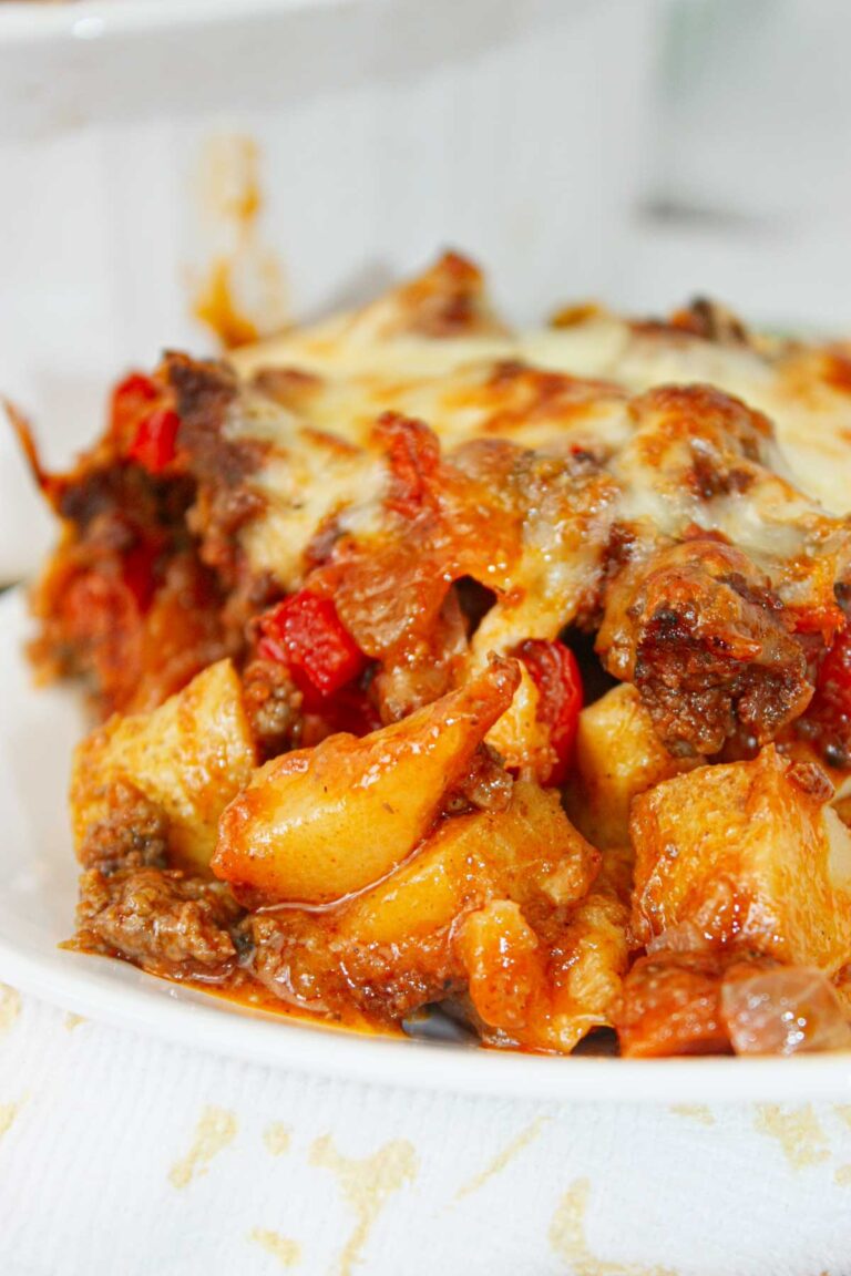 This hearty Mexican Ground Beef and Potato Casserole is layered with tender potatoes and savoury, seasoned ground beef.