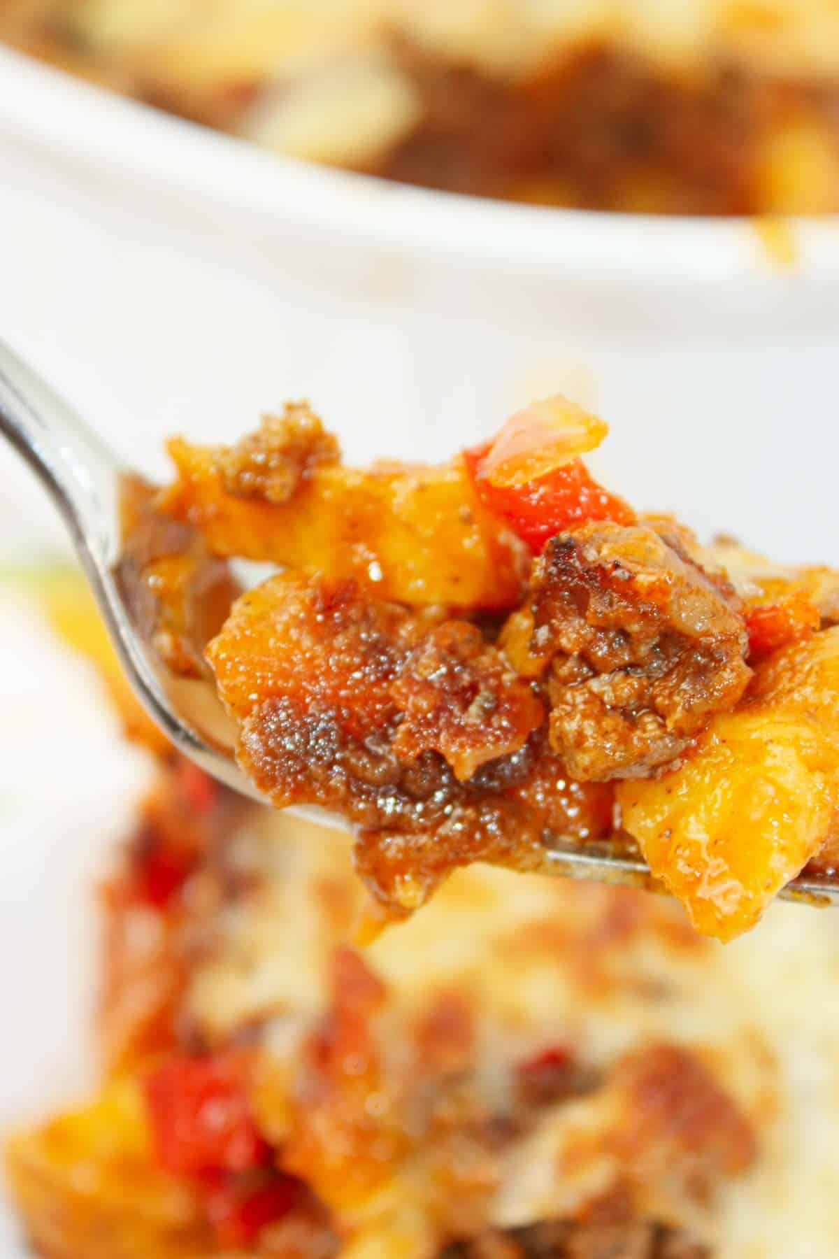 This hearty Mexican Ground Beef and Potato Casserole is layered with tender potatoes and savoury, seasoned ground beef.