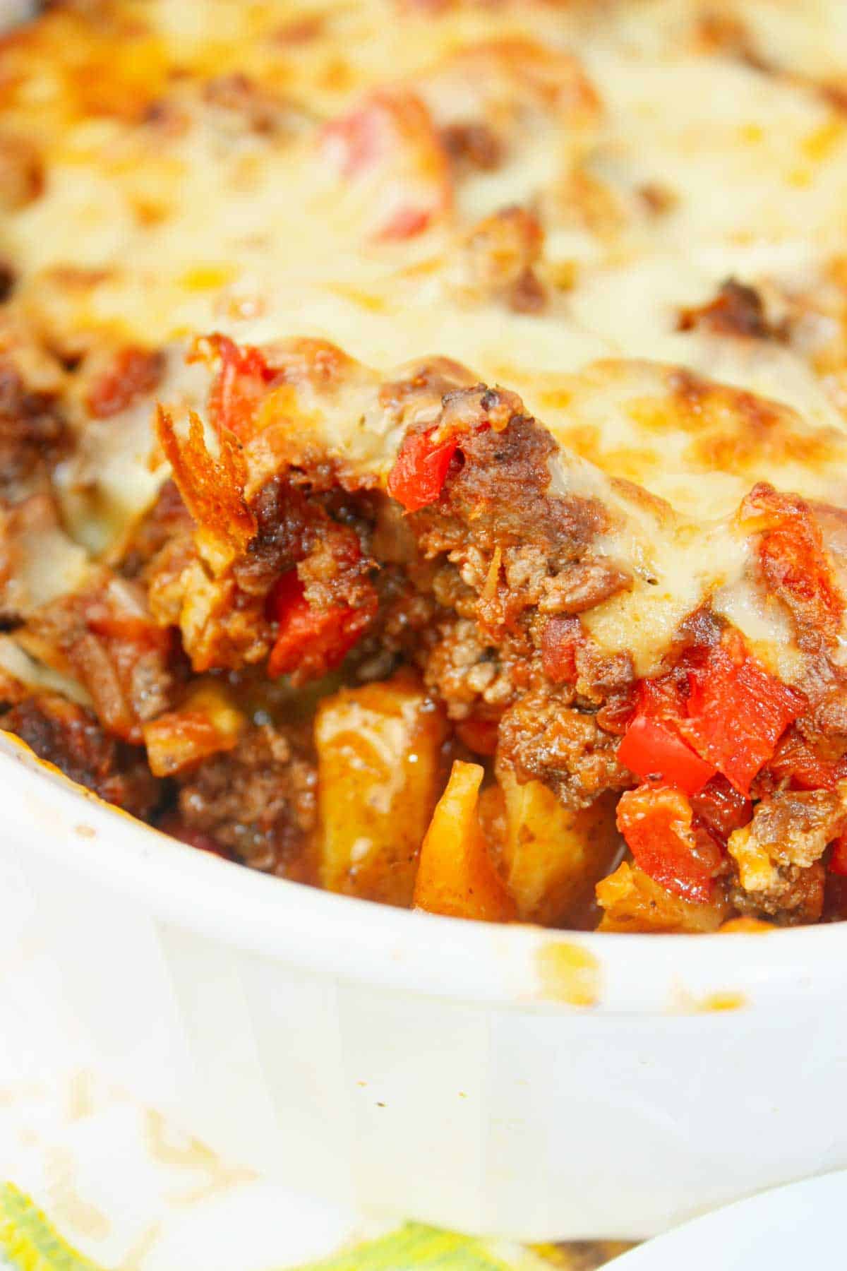 This hearty Mexican Ground Beef and Potato Casserole is layered with tender potatoes and savoury, seasoned ground beef.