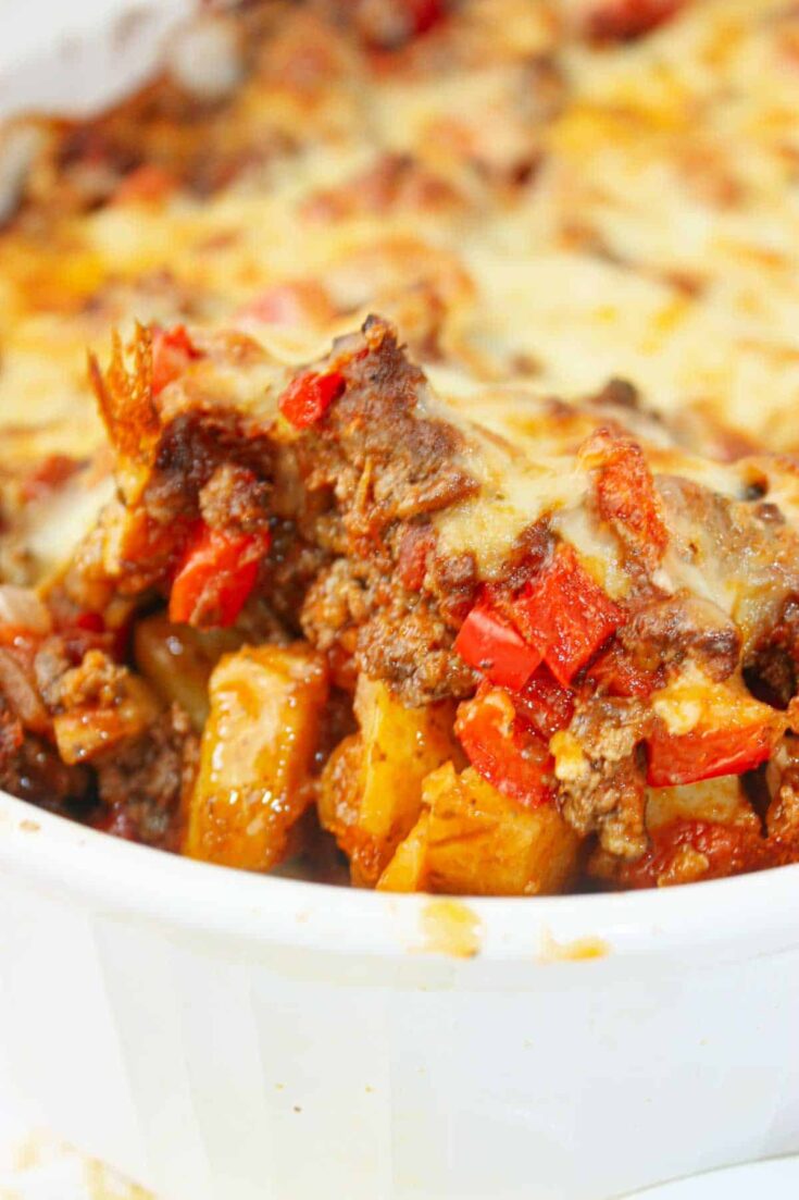 This hearty Mexican Ground Beef and Potato Casserole is layered with tender potatoes and savoury, seasoned ground beef.