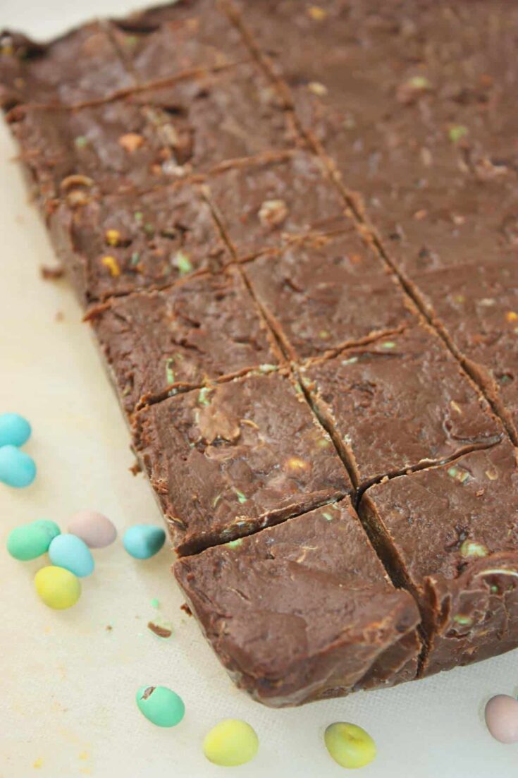 This Chocolate Micro Mini Egg Fudge is a creamy, melt-in-your-mouth treat that comes together in minutes. &nbsp;This rich and creamy chocolate fudge is packed with crunchy micro mini eggs in every bite.