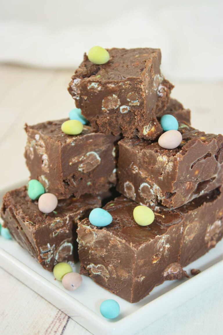 This Chocolate Micro Mini Egg Fudge is a creamy, melt-in-your-mouth treat that comes together in minutes.  This rich and creamy chocolate fudge is packed with crunchy micro mini eggs in every bite.