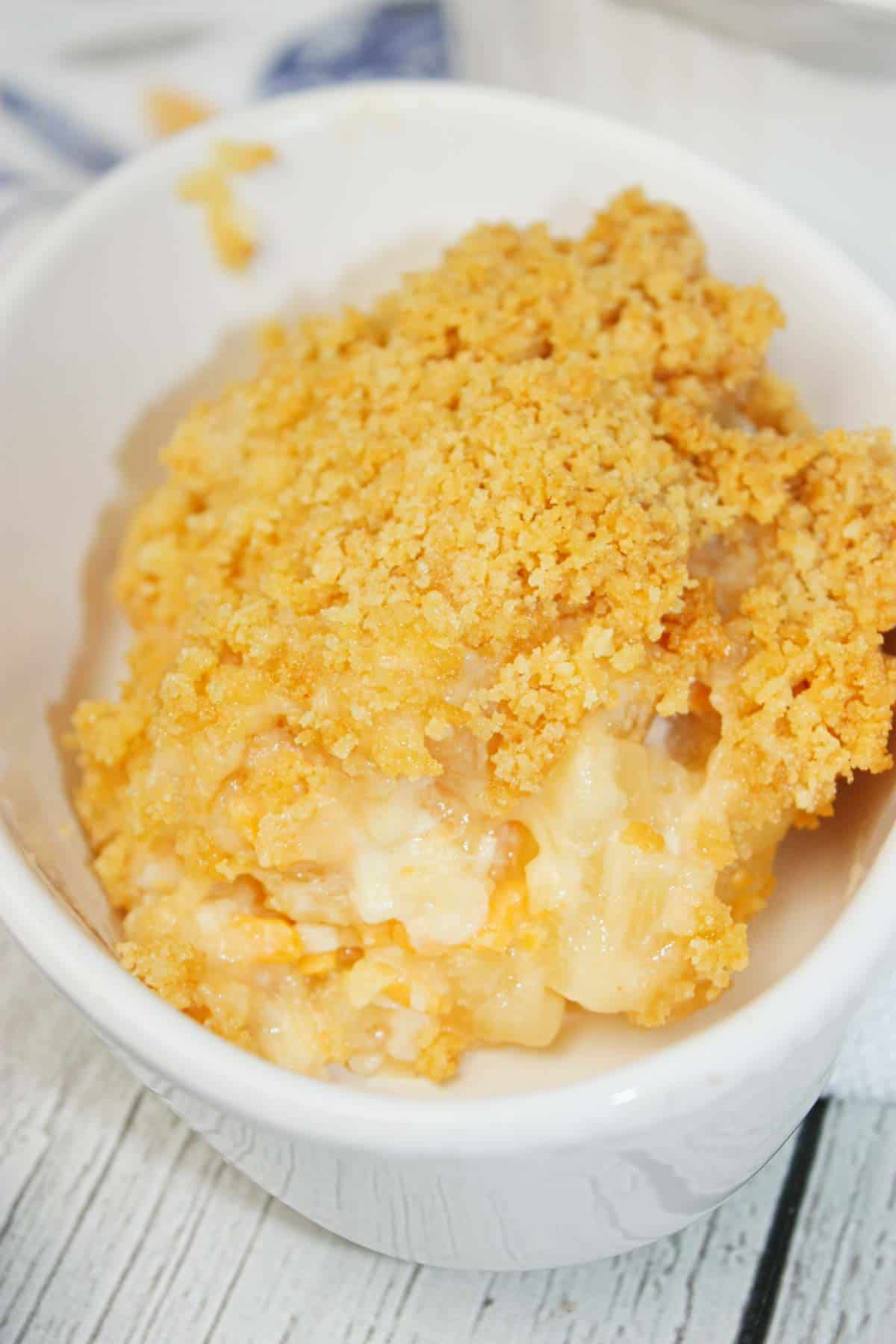 Pineapple Casserole is the perfect mix of sweet, buttery, cheesy, and crunchy in every bite. Juicy pineapple creates a bright tropical flavour that pairs beautifully with the rich topping.