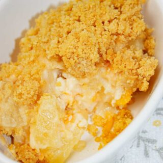 Pineapple Casserole is the perfect mix of sweet, buttery, cheesy, and crunchy in every bite. Juicy pineapple creates a bright tropical flavour that pairs beautifully with the rich topping.