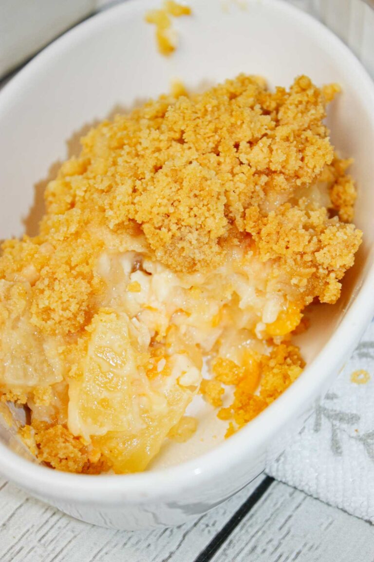 Pineapple Casserole is the perfect mix of sweet, buttery, cheesy, and crunchy in every bite. Juicy pineapple creates a bright tropical flavour that pairs beautifully with the rich topping.