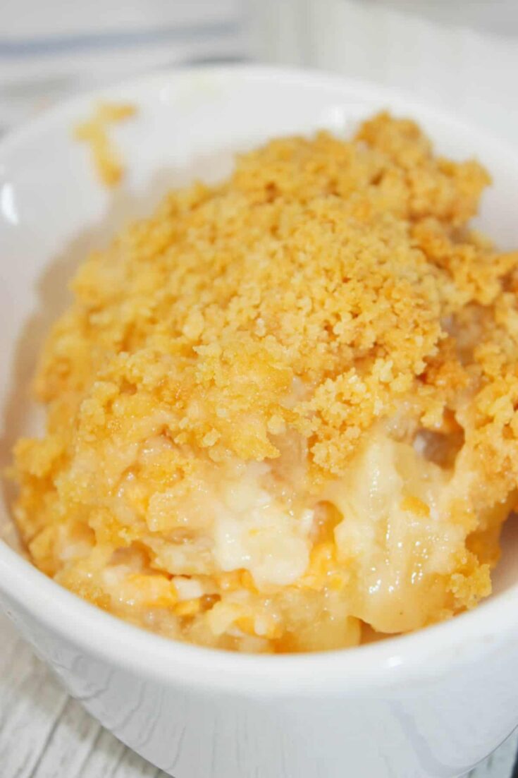 Pineapple Casserole is the perfect mix of sweet, buttery, cheesy, and crunchy in every bite. Juicy pineapple creates a bright tropical flavour that pairs beautifully with the rich topping.