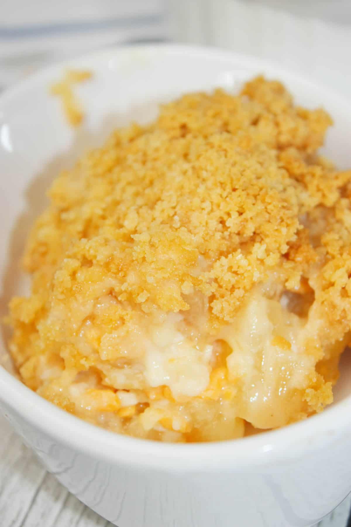Pineapple Casserole is the perfect mix of sweet, buttery, cheesy, and crunchy in every bite. Juicy pineapple creates a bright tropical flavour that pairs beautifully with the rich topping.