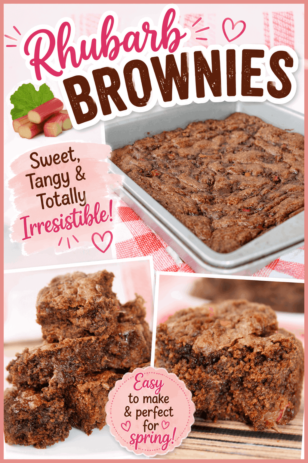 Rhubarb Brownies are rich, fudgy, and perfectly balanced with tart rhubarb. Decadent and unique, these Dark Chocolate Rhubarb Brownies are perfect for chocolate dessert recipes, brownie baking ideas, fruit chocolate desserts, indulgent sweet treats, and homemade dessert bars. They’re bold and delicious. Save and bake this irresistible dessert today