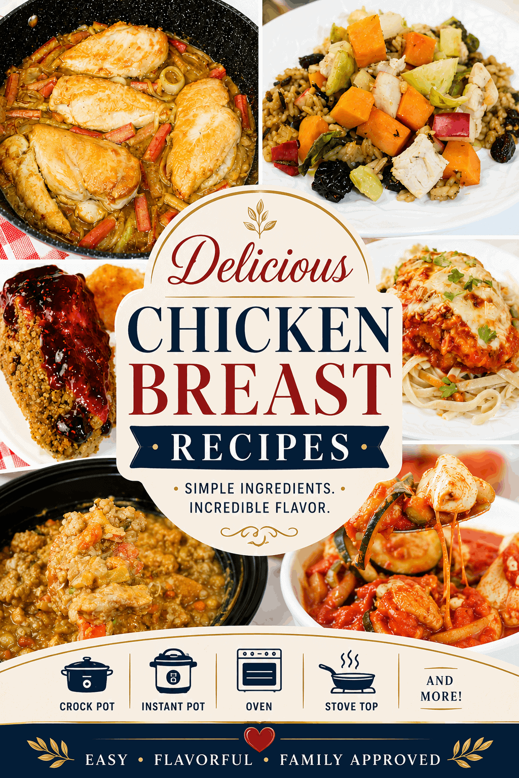 Looking for easy ways to cook chicken? This collection of Chicken Breast Recipes features delicious, family-friendly meals made in the Instant Pot, Crock Pot, oven, and on the stovetop. From comforting casseroles and skillet dinners to hearty slow cooker favorites, these easy chicken recipes are perfect for busy weeknights, meal prep, and simple family dinners. Save this Pinterest pin for your next dinner inspiration and discover flavorful chicken breast recipes you'll make again and again! 🍗✨