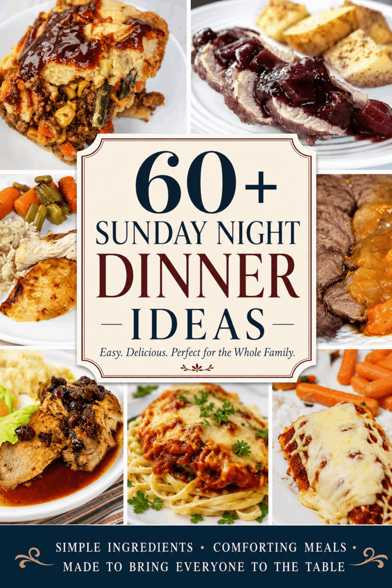 Looking for easy ways to make Sunday dinner special? This collection of 60+ Sunday Night Dinner Ideas includes comforting recipes made with ground beef, beef, chicken, pork, fish, and wild game. From hearty casseroles and slow cooker favorites to delicious roasts and family-friendly comfort food, you'll find plenty of easy dinner recipes to inspire your next Sunday meal. Save this Pin for quick meal planning and discover new family favorites everyone will love!