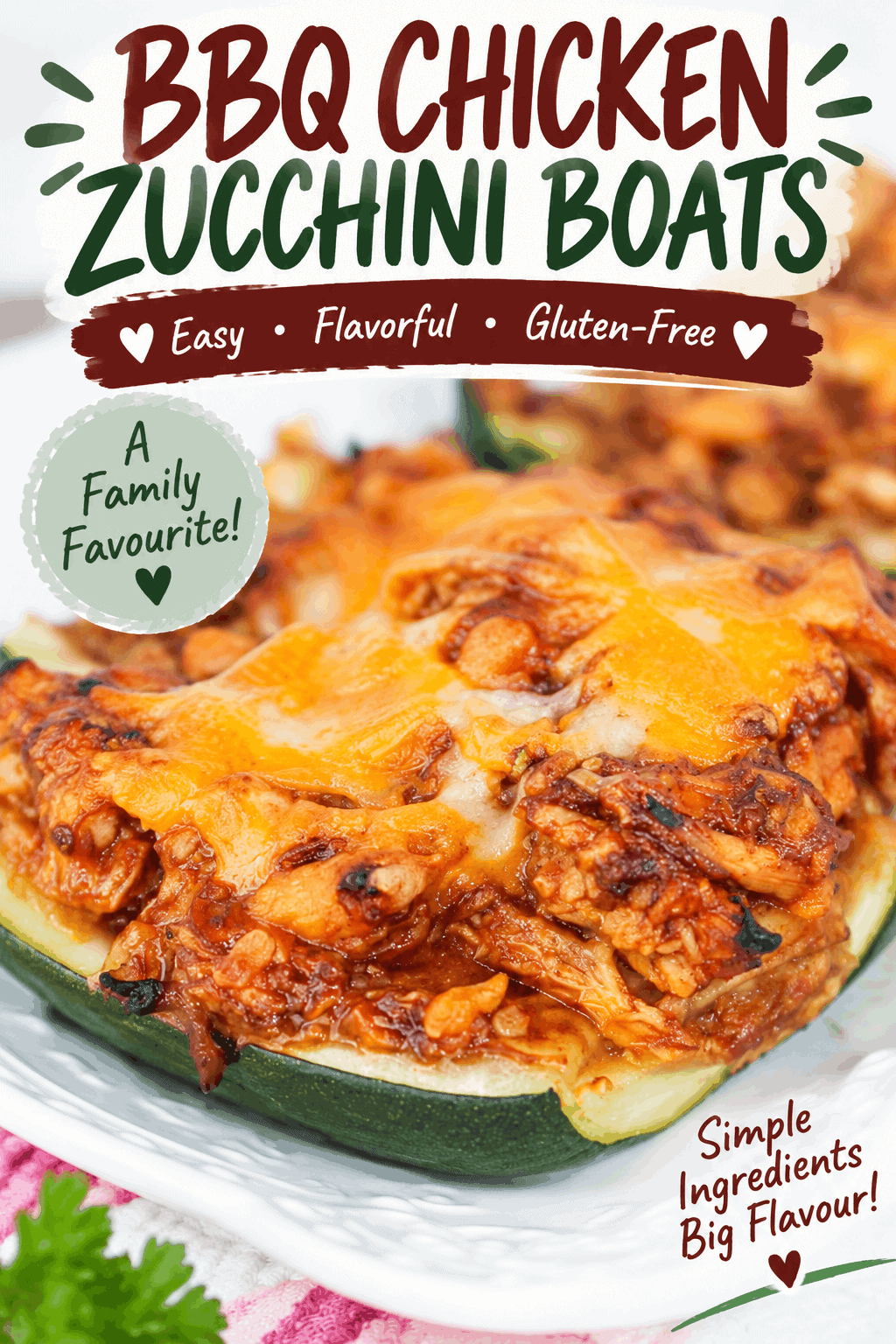 These BBQ Chicken Zucchini Boats are an easy, flavorful dinner packed with tender chicken, smoky BBQ sauce, fresh zucchini, and plenty of melted cheese. This simple gluten-free chicken dinner is perfect for busy weeknights and a delicious way to use fresh summer zucchini. Save this easy zucchini recipe for a family-friendly meal that is full of comforting BBQ flavor!
