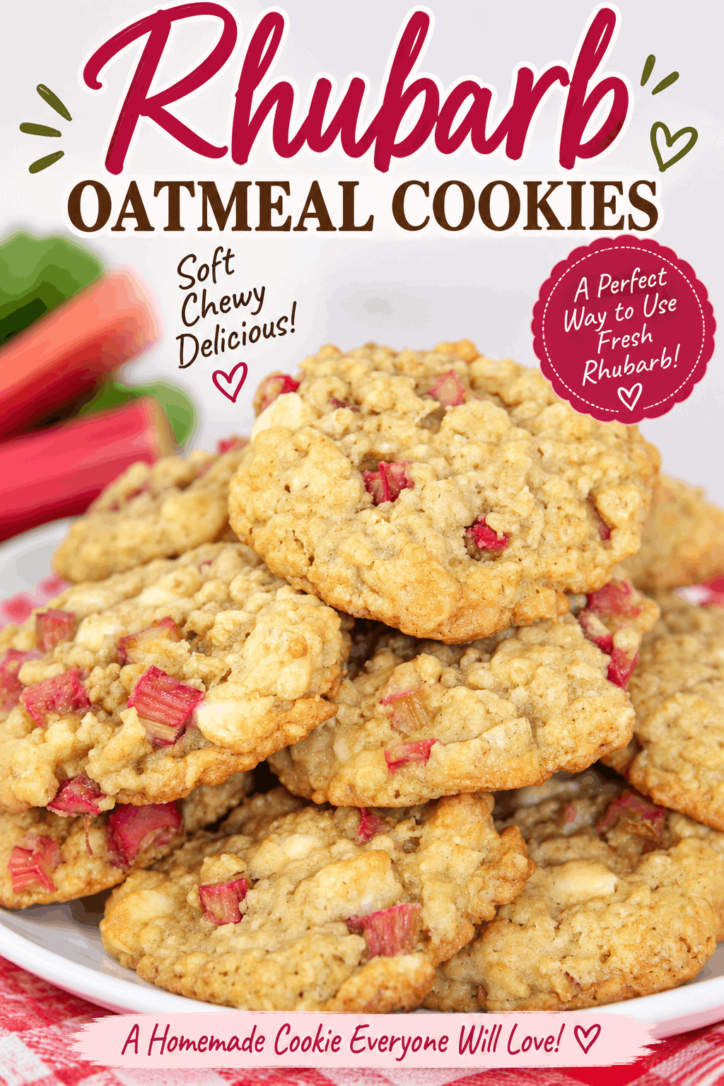 These Rhubarb Oatmeal Cookies are soft, chewy, and packed with hearty oats and sweet-tart pieces of fresh rhubarb. They’re an easy homemade cookie recipe and a delicious way to use fresh rhubarb during rhubarb season. Perfect for an afternoon snack, dessert, bake sale, or sharing with family and friends. Save this easy rhubarb cookie recipe for your next baking day!