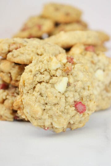 These Rhubarb Oatmeal Cookies are a delicious way to enjoy fresh rhubarb in a homemade cookie.